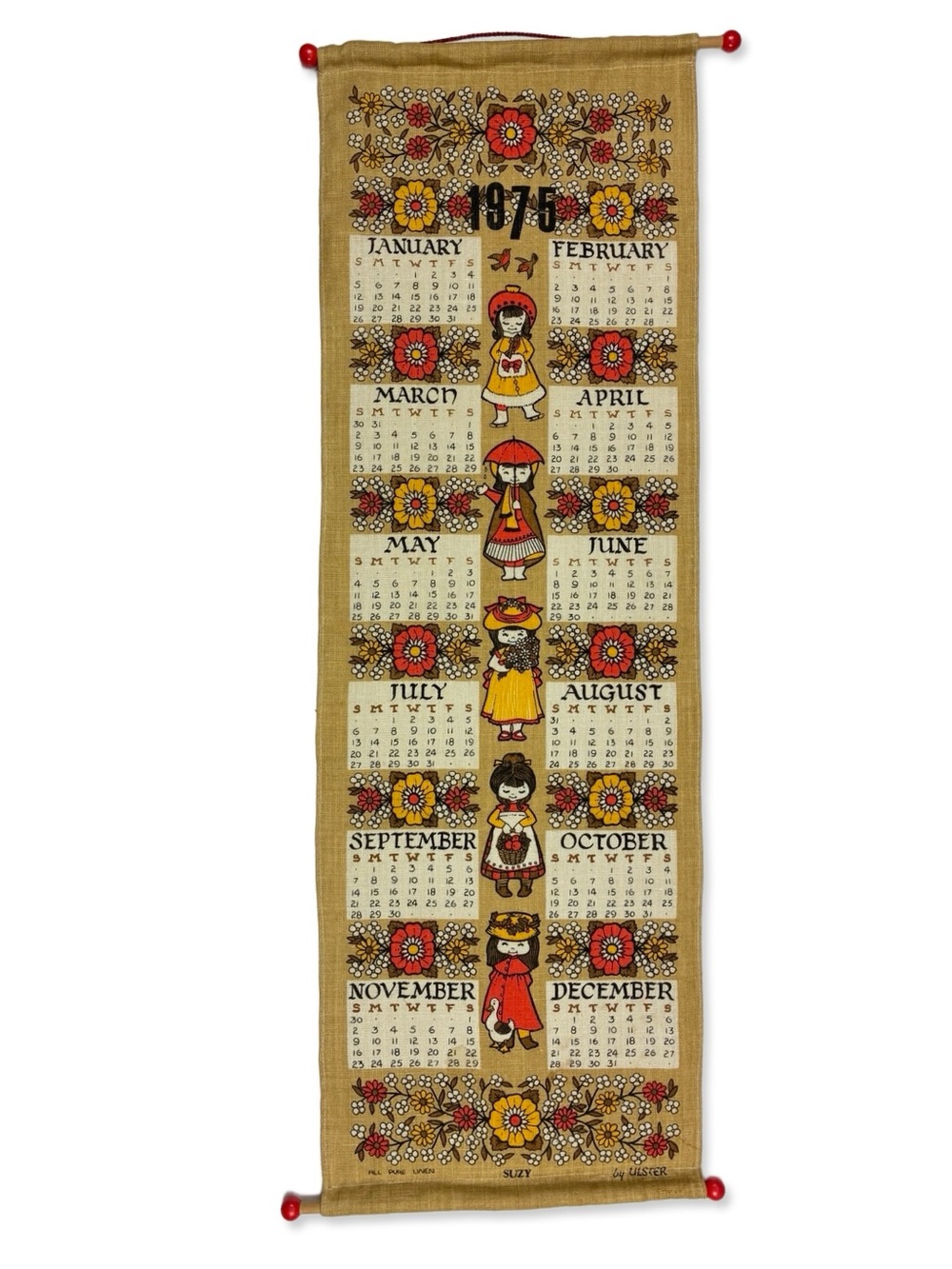 Vintage 1975 Linen Wall Hanging Calendar Scroll